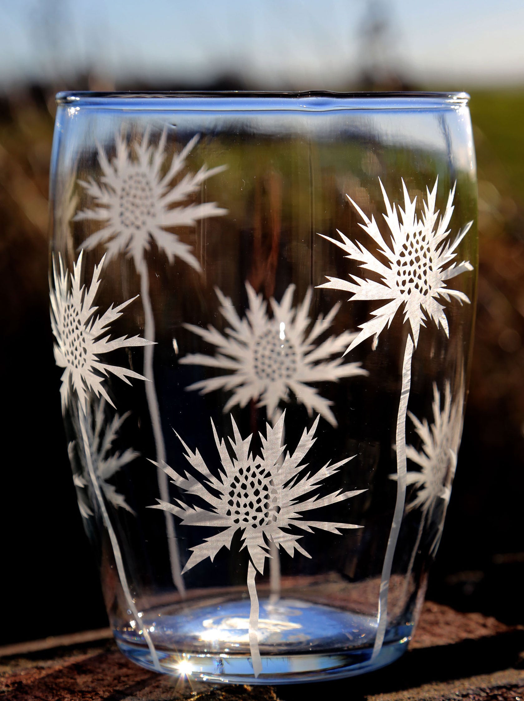 Glassware,Crystal vases,Flower vases,Thistles,Sea holly,Scottish gifts.