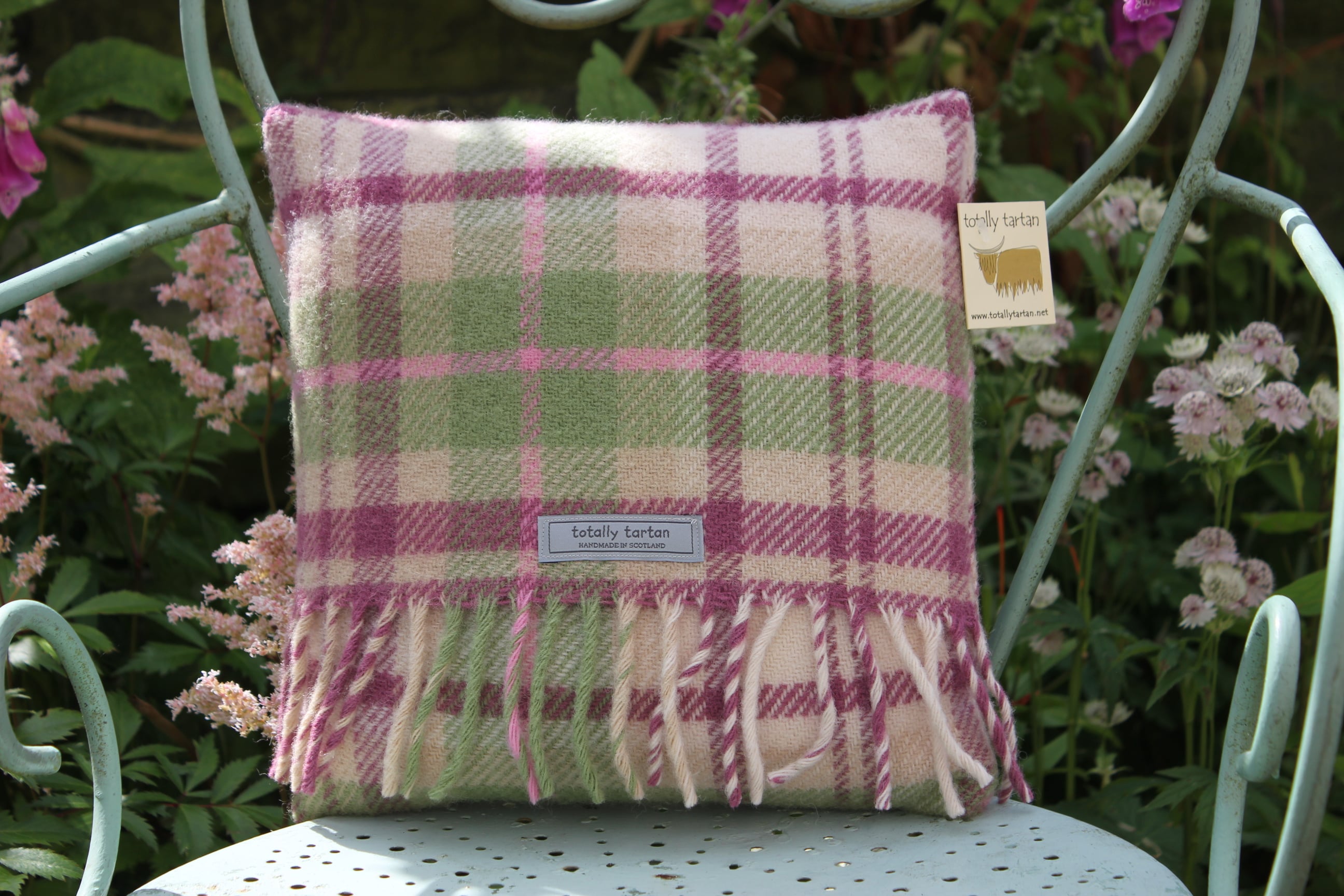 Cushion Handcrafted In Dusky Pink Pastel Plaid. onemoregift.co.uk